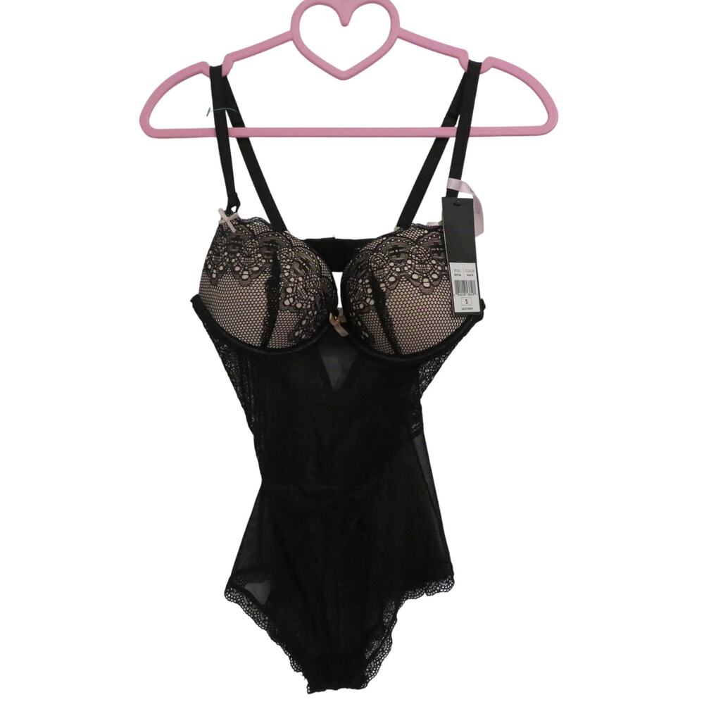 Daisy Fuentes Womens Sz S Black Nude Sheer Padded Bodysuit Underwire Adjustable